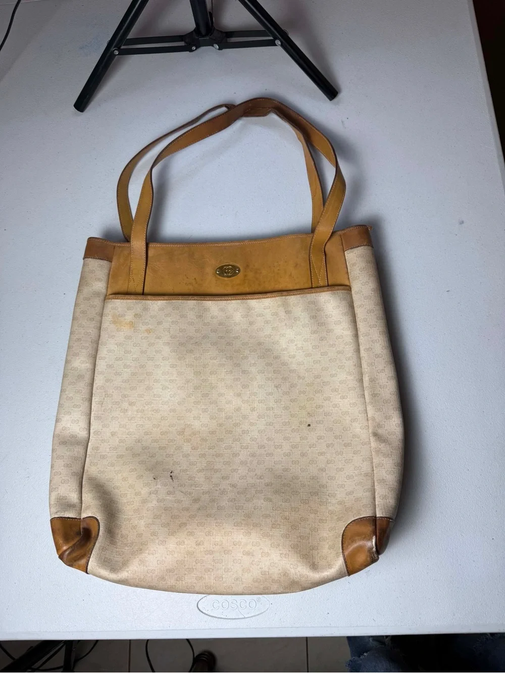 Vintage GUCCI MicroGuccissima Tote Shoulder Bag Leather Handles Coated Canvas